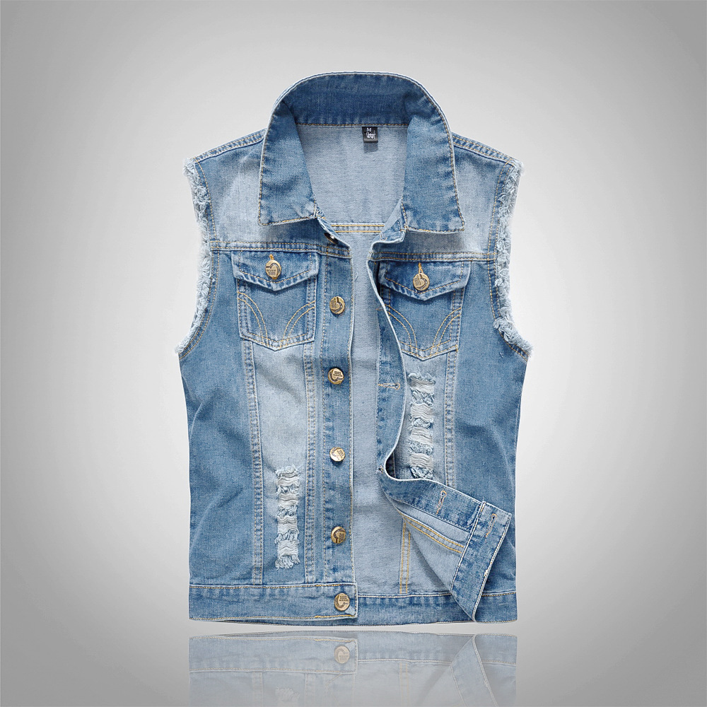 Large Size Korean Style Trendy Locomotive Men's Denim Vest Light Blue Vest