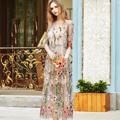Spring Seaside Holiday Beach Long Dress Mid-length Retro Chinese Style Embroidered Embroidered Mesh Dress