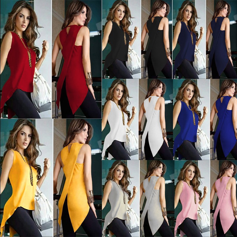 European and American Cross-border Ten-color Six-size Spot Women's Sleeveless Sexy Top Round Neck Back Cross Solid Color Slim T-shirt