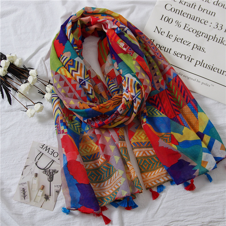 Vintage Ethnic Cotton and Linen Scarf Atmospheric Fashion Color Geometric Printing Seaside Holiday Travel Beach Towel Shawl