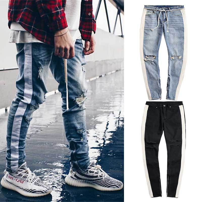 INS Same Style High Street Retro White Strip Side Knee Damage Hole Old Slim Fit Side Zipper Skinny Jeans