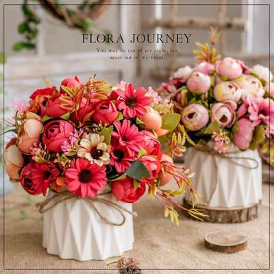 Nordic Artificial Flower Set Ceramic Hemp Rope Vase Rose Simulation Plant Potted Home Decoration Fake Flower Pot