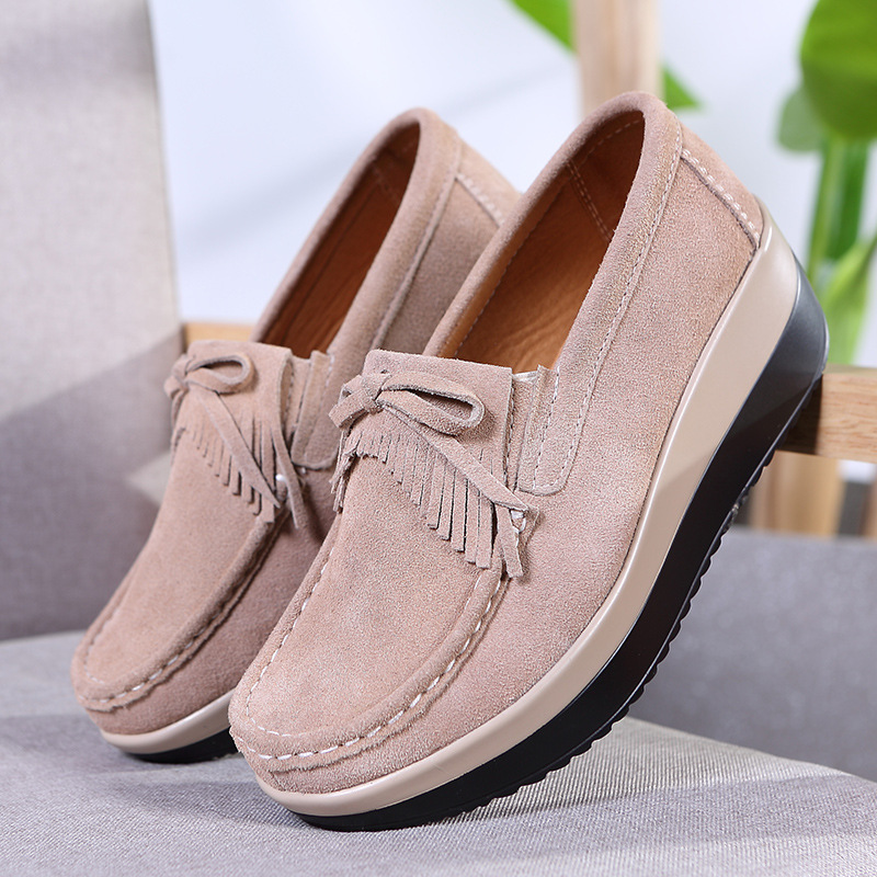 2020 Spring and Autumn New Mother Shoes Genuine Leather Women's Single Shoes Casual Flat Hollow High Heel Foreign Trade Women's Shoes Large Size