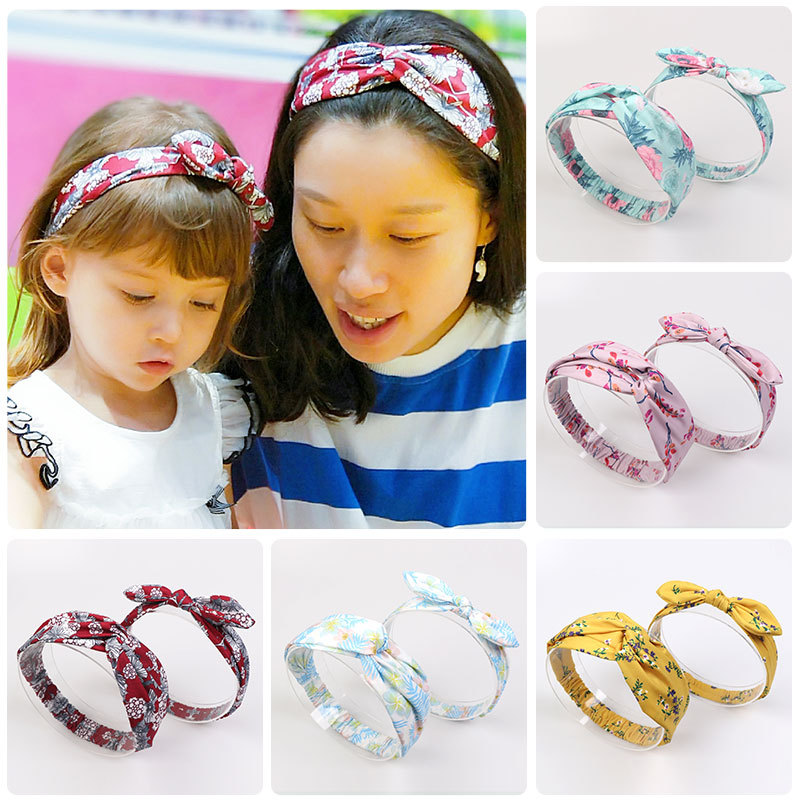 Polyester Digital Print Parent-Child Hair Band Set Cross Knot Rabbit Ear Hair Band Holiday Parent-Child Elastic Hair Band