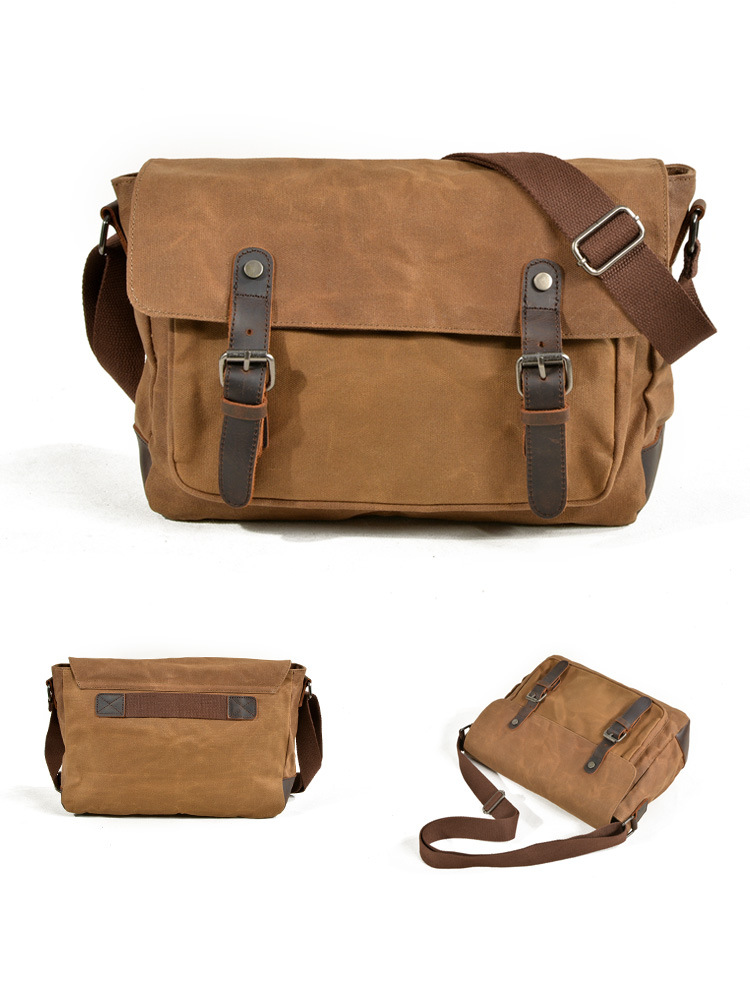 Men's horizontal camera bag casual shoulder bag oil wax canvas with first layer genuine leather bag waterproof SLR camera bag_voghion.com