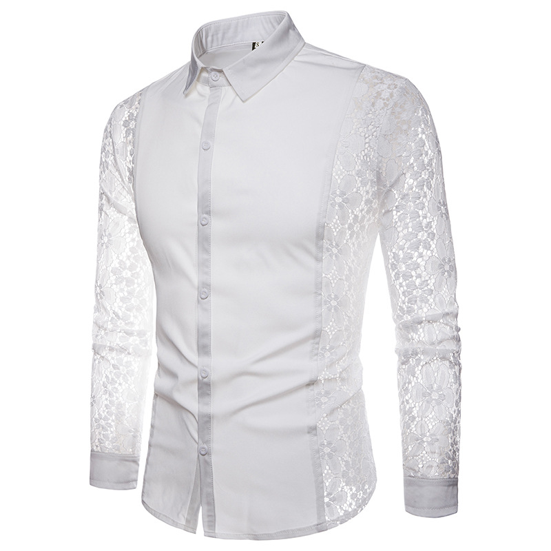 European and American men's autumn and winter arm Full Lace solid color fashion design men's long sleeve lapel shirt CS80