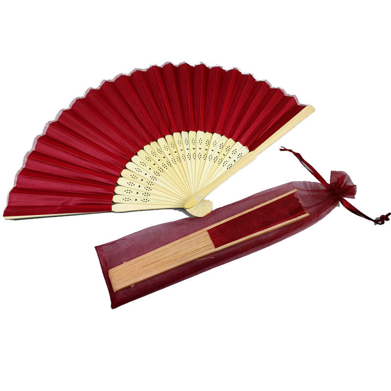 21cm Fan + Organza Bag Multicolor Solid Color Wedding Cloth Fan Bamboo Bone Silk Cloth Surface Wedding Gift Elegant Fan