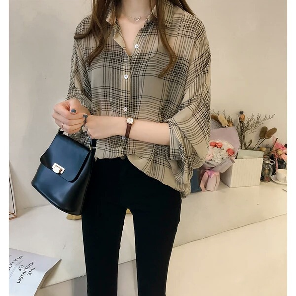 2023 Early Autumn Women's New chic Loose BF Plaid Shirt Women's Long Sleeve Hong Kong Style Top Korean Style Shirt