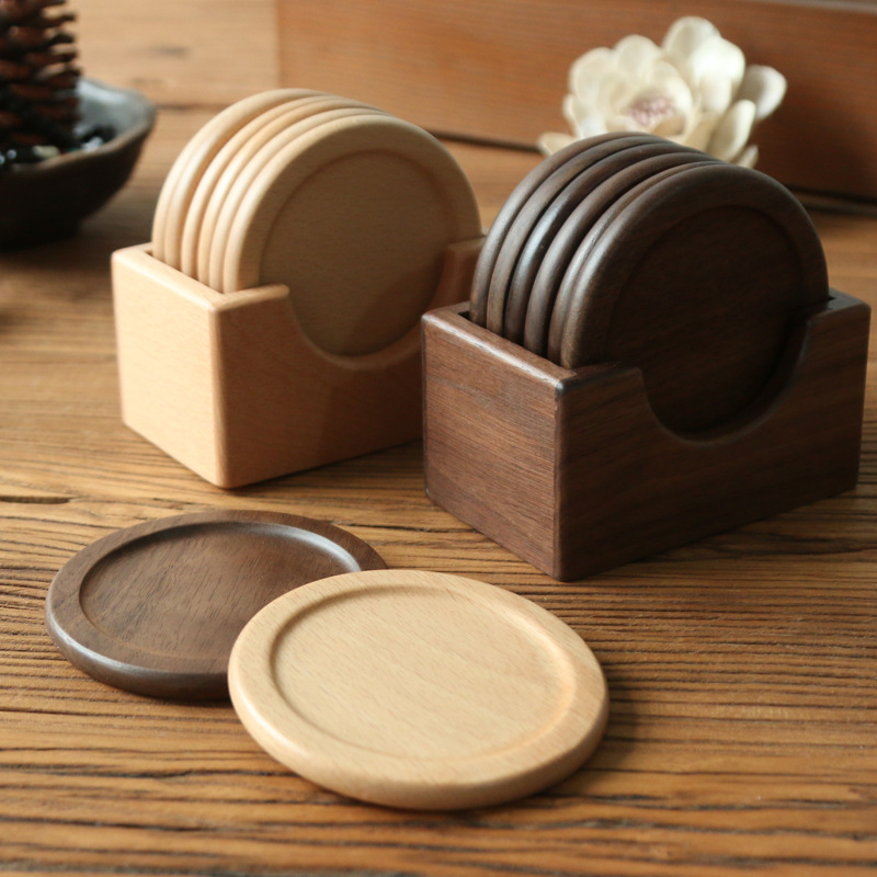 Japanese Style Wooden Coaster suit Black Walnut Solid Wood Round Placemat Heat Insulation Mat 6 Pieces Boxed Base Engraving Logo