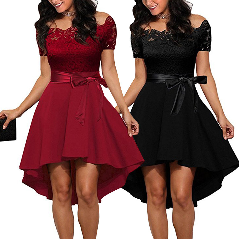 European Station Elegant Lace Off-Shoulder Dress Large Swing Dress Dovetail Off-Shoulder Lace Dress H184