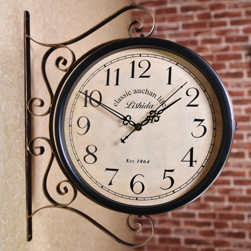 American retro silent double-sided clock personality antique creative two-sided clock Sun movement wrought iron clock