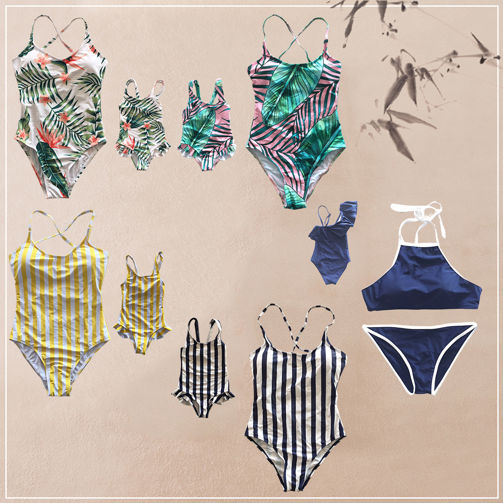Cross-border Explosions 2022 European and American Bikini Parent-child Swimwear Solid Color Printed Leaves Striped Parent-child Swimwear Mother and Daughter