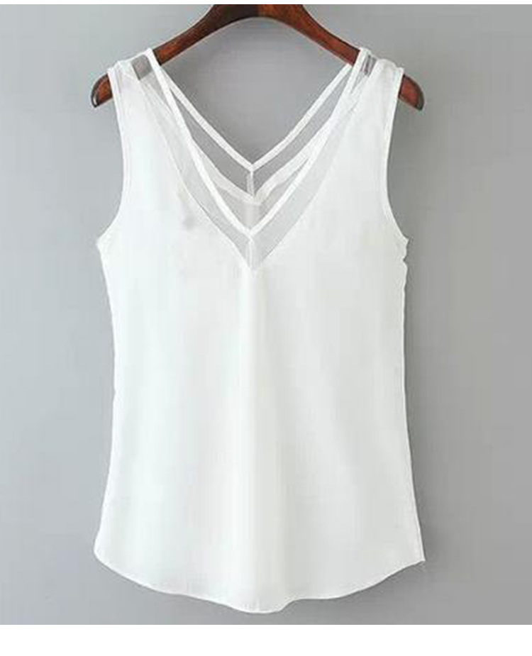 2023 Large Size European and American Women's Sleeveless Chiffon Shirt Solid Color V-neck T-shirt Women's Mesh Stitching Sexy Slim-fit Vest for Summer