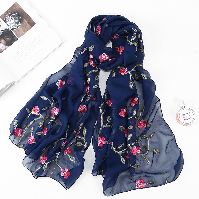 2018 New ten miles peach blossom chiffon flower embroidery scarf women travel photo sunscreen beach shawl wholesale - ShopShipShake