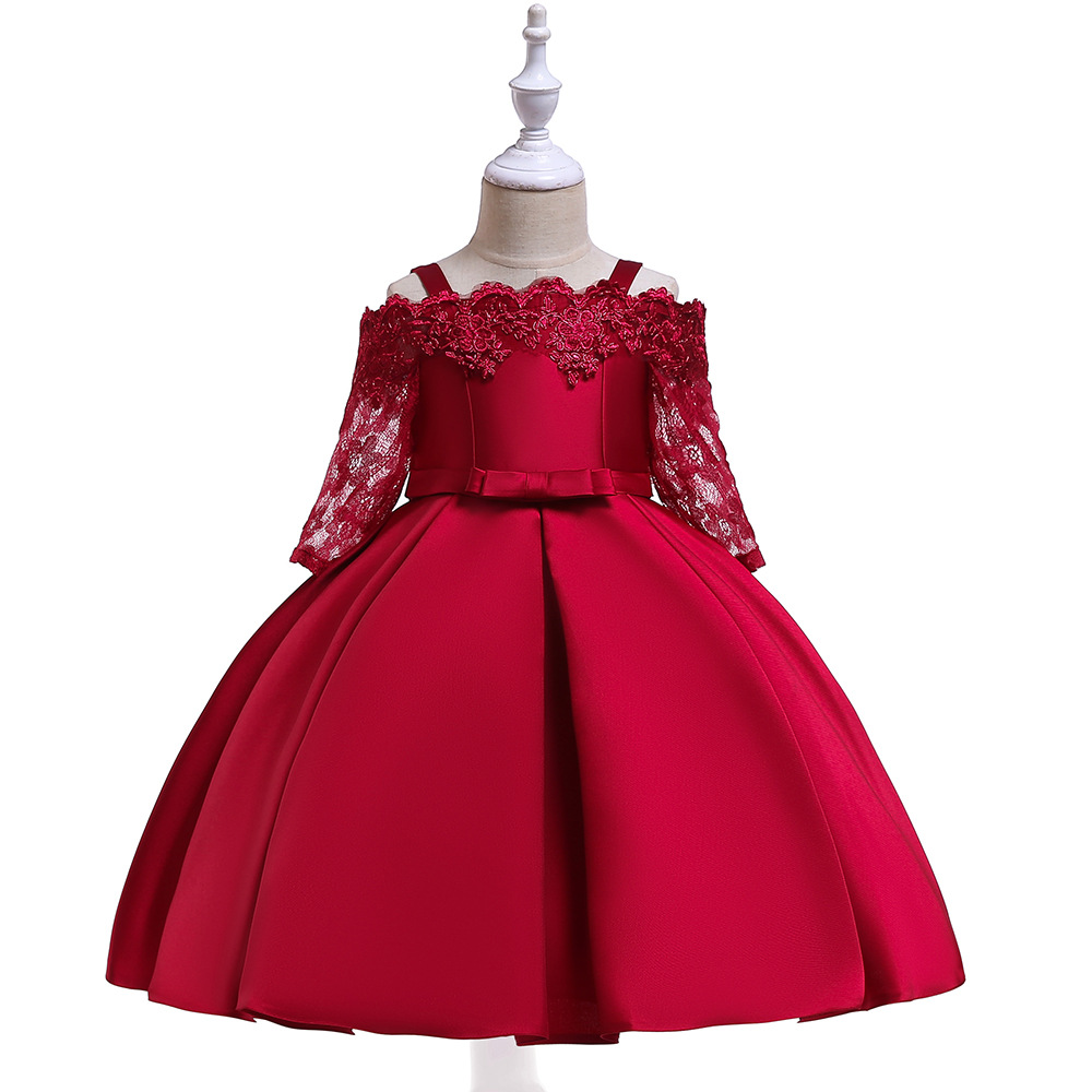 2024 New girls' princess dress off-shoulder strap dress lace hollow long sleeve dress twill satin embroidered dress