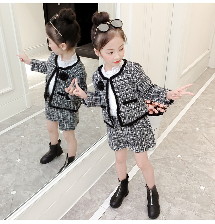 童套裝 韓國童裝2023春秋女童新款氣質小香風外套女孩短褲2件套潮