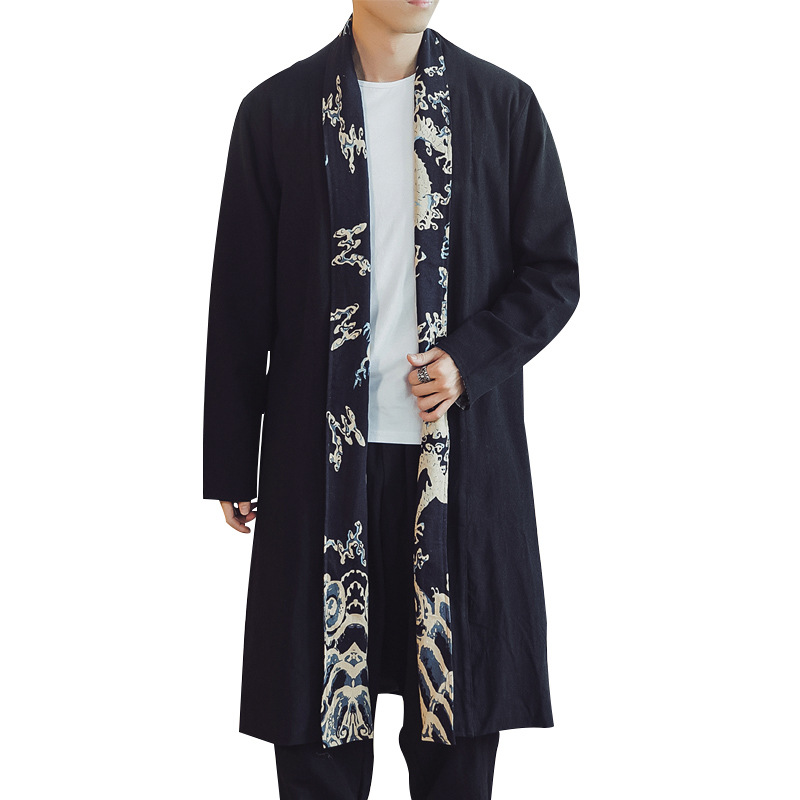 Autumn New Chinese style linen trench coat men's hooded casual loose coat extended stitching overcoat
