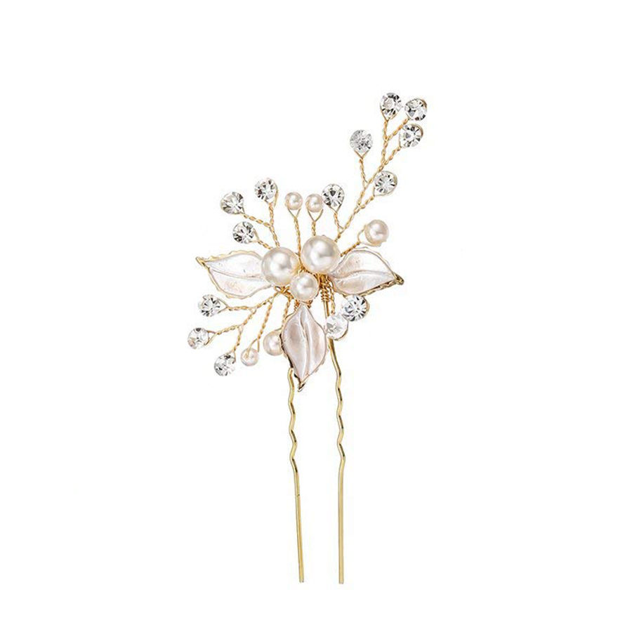 Station Cross-border Alloy White Leaf Handmade Pearl Diamond Hairpin Hairpin Bridal Headwear