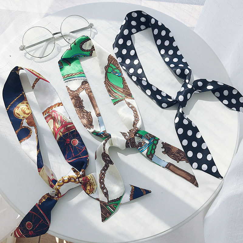 Scarf Girl's Decorative Scarf Printing Silk-like Thin Narrow Long New Stall Supply Hair Band Wholesale