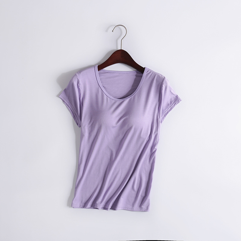 Modal T-shirt Women's Spring and Autumn Solid Color Short-sleeved Bra-free Yoga Bottoming Outer Wearing Cup All-in-one Home Clothes Inner Wearing