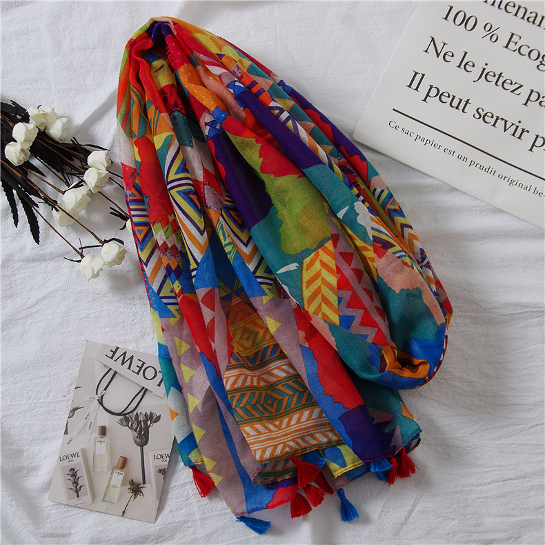 Vintage Ethnic Cotton and Linen Scarf Atmospheric Fashion Color Geometric Printing Seaside Holiday Travel Beach Towel Shawl