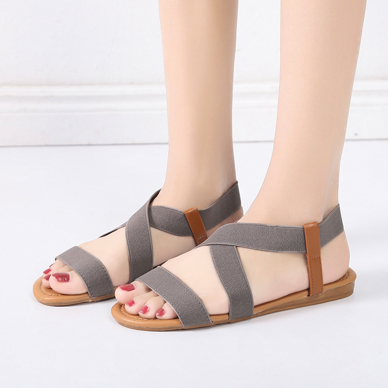 Cross-border Amazon wish European and American flat peep-toe sandals women's elastic band Roman sandals 41