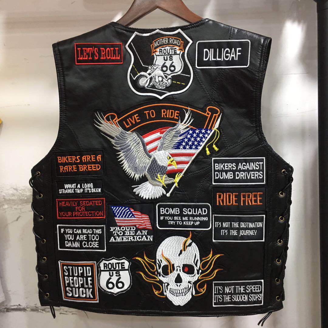 American Harley Vest Leather Vest Riding Vest 42 Embroidered Badge Leather Vest Men