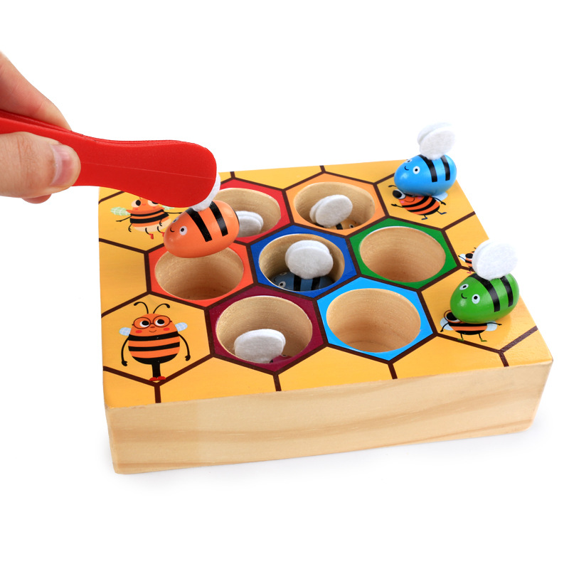 Wooden children's Montessori educational clip music Beehive Game early education educational color cognitive clip little bee toy