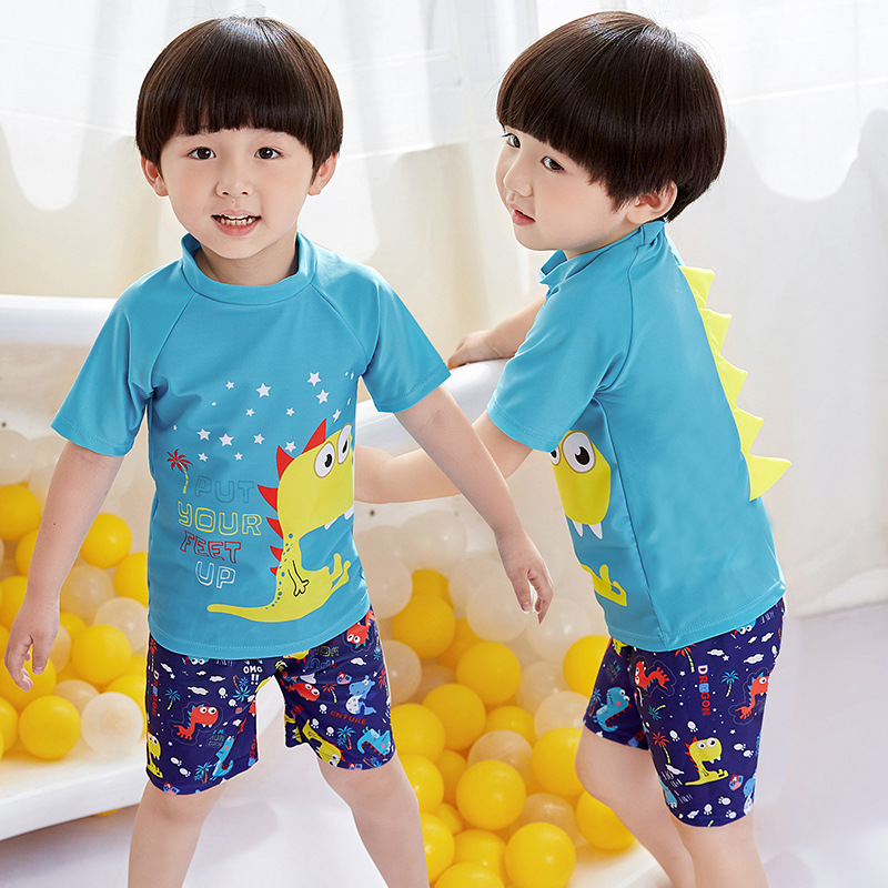 New Children's Swimwear Boys Split Swimwear Big Kids Baby Cartoon Dinosaur Boys Swimwear with Horns Wholesale