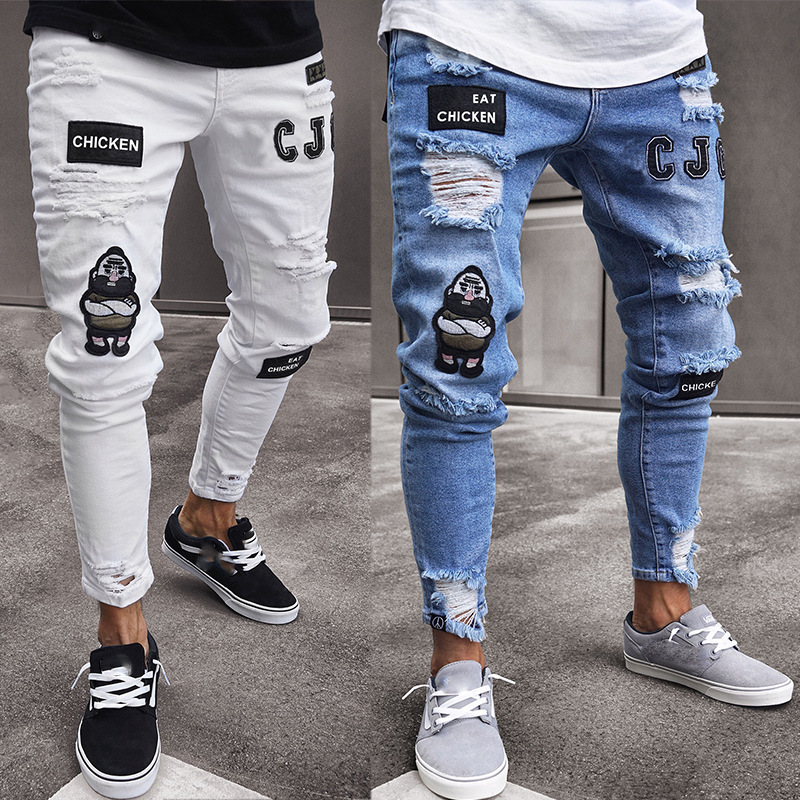 Foreign Trade New Zipper Jeans Men's Fashion Knee Ripped Zipper Foot Ripped New Men's Motorcycle Pants