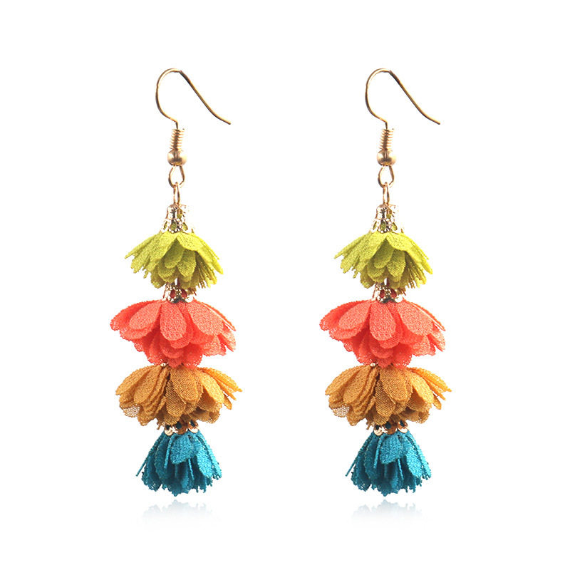 Fashion simple fabric flower earrings women's creative multi-layer tassel earrings Bohemian holiday jewelry wholesale