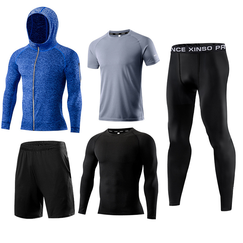 Fitness clothes suit men's quick-drying clothes gym sports tights five-piece running basketball training clothes spring and summer