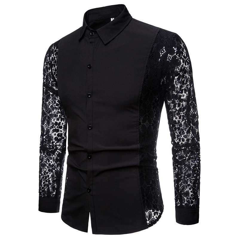 European and American men's autumn and winter arm Full Lace solid color fashion design men's long sleeve lapel shirt CS80