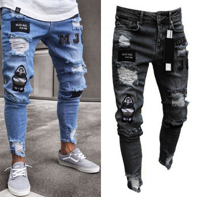 Foreign Trade New Zipper Jeans Men's Fashion Knee Ripped Zipper Foot Ripped New Men's Motorcycle Pants