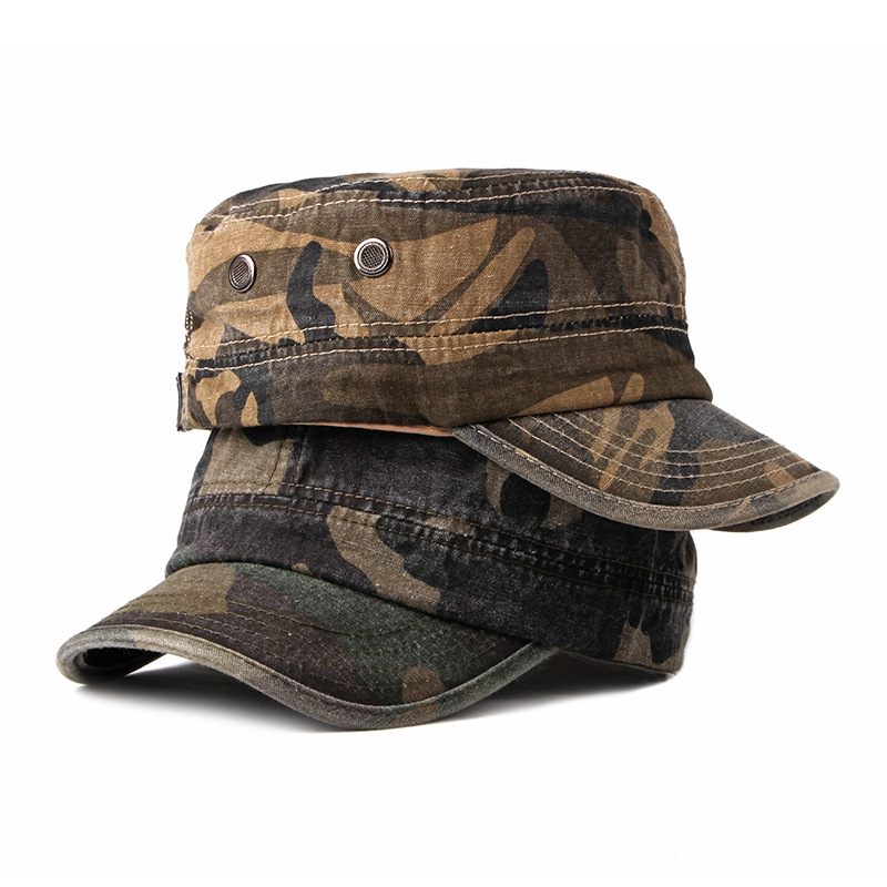 Men's Flat Top Hat Washed Spring New Outdoor Cap Women's Sunscreen Sun Hat Camouflage Simple Army Hat