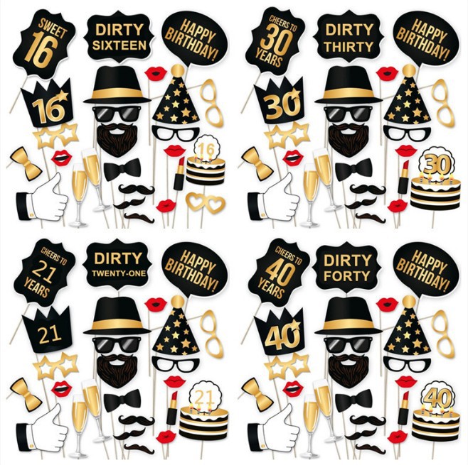 Amazon 34-piece set of European and American adult birthday party photo props creative funny paper beard props