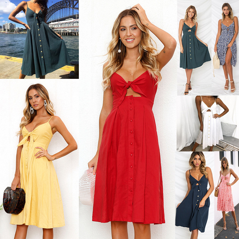 Foreign trade supply cross-border hot new sexy fashion strap button backless bow dress