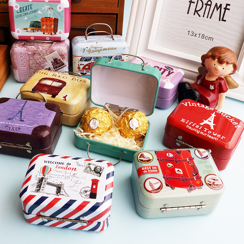 Creative retro suitcase candy box cartoon small iron box makeup box earphone box tinplate box packaging box wholesale