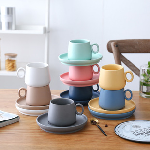 Macaron Matte Frosted Ceramic Coffee Cup and Saucer Mug logo Afternoon Tea Cup and Saucer Water Cup Big Belly Cup and Saucer