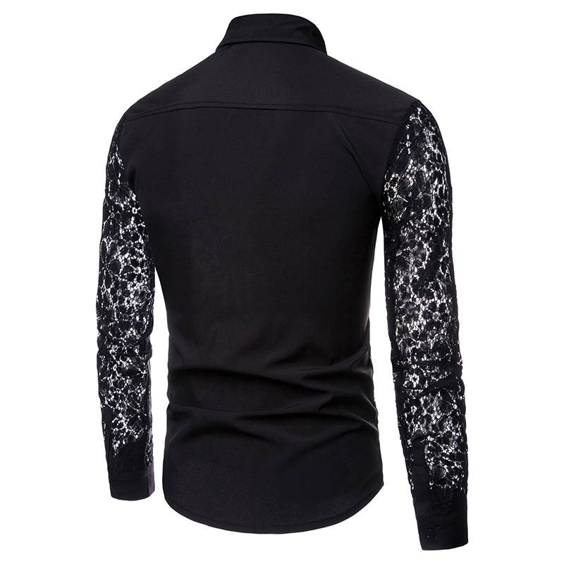 European and American men's autumn and winter arm Full Lace solid color fashion design men's long sleeve lapel shirt CS80