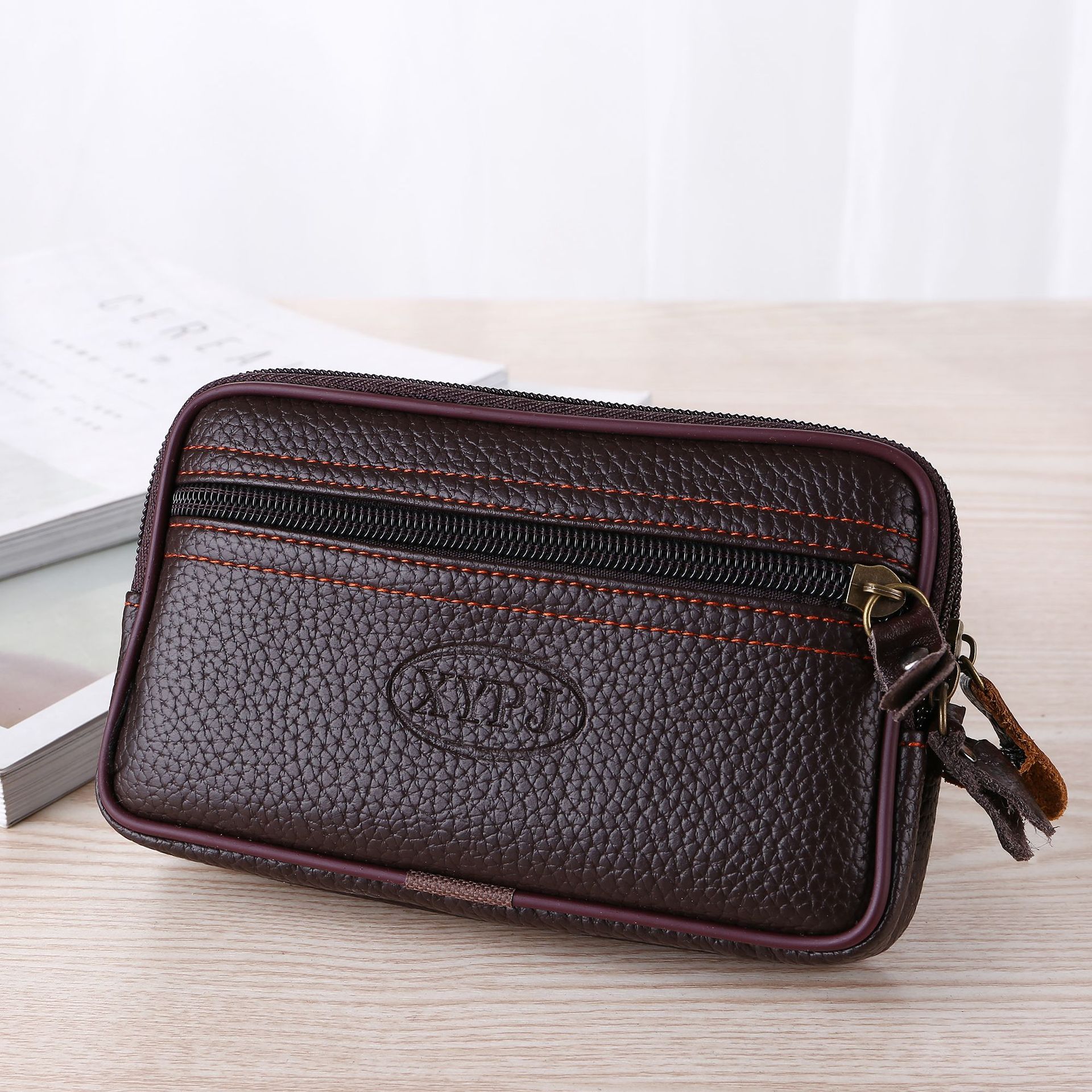 Men's Waist Bag Mobile Phone Bag Outdoor Site Wallet Wear Belt PU Leather Double Zipper Waist Bag Stall Bag
