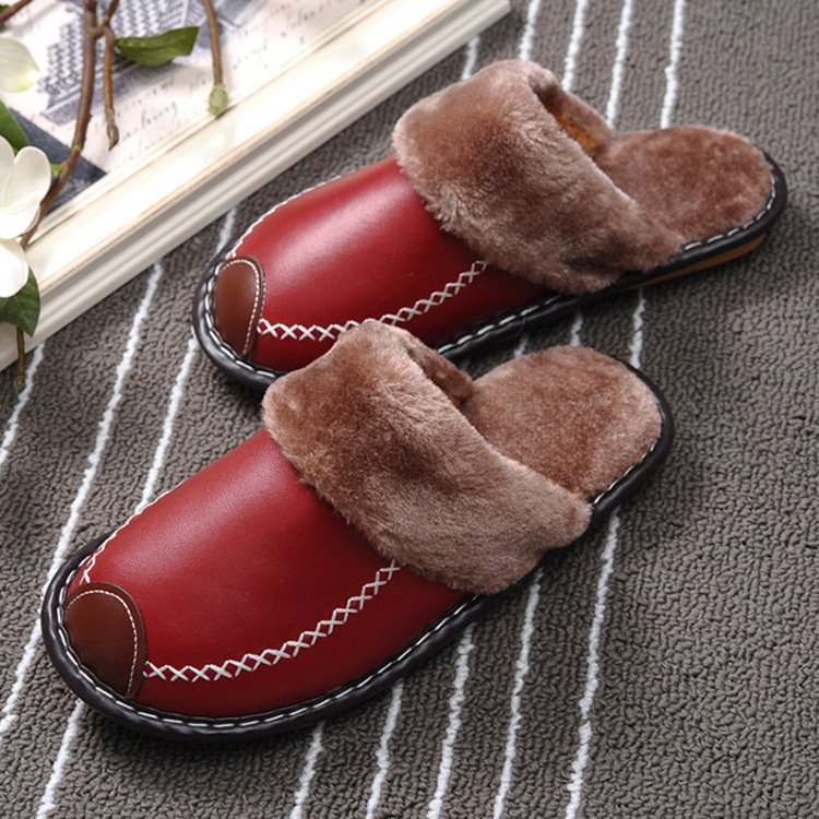 Factory wholesale warm cotton shoes women's winter indoor thick-soled home shoes Korean style fur slippers for men and women lovers leather slippers