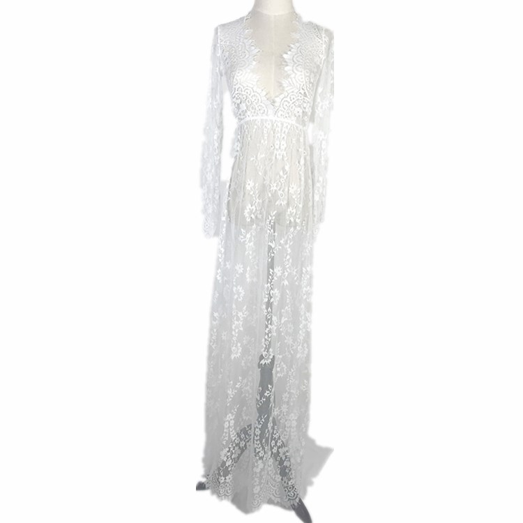 Cross-border Women's White Deep V-neck Long-sleeved Dress See-through Sexy Lace Wedding Dress Dress Tailing Long Dress for Women