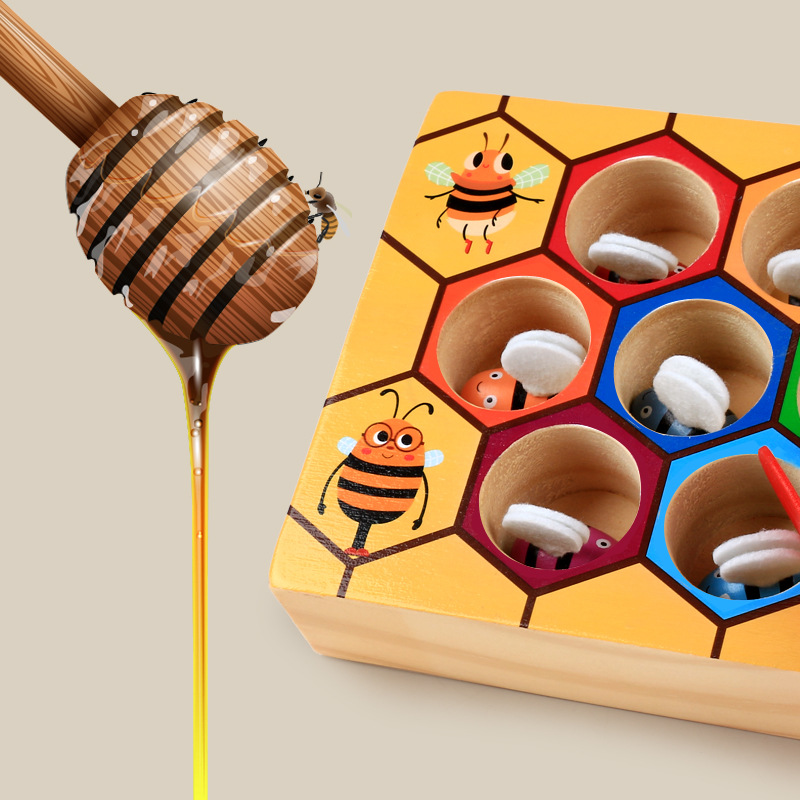 Wooden children's Montessori educational clip music Beehive Game early education educational color cognitive clip little bee toy