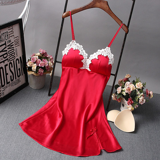 New Style Summer Silk Women's Sling Pajamas with Chest Pad Slim-fit Sexy Charming Silk Nightdress V-neck Base Skirt