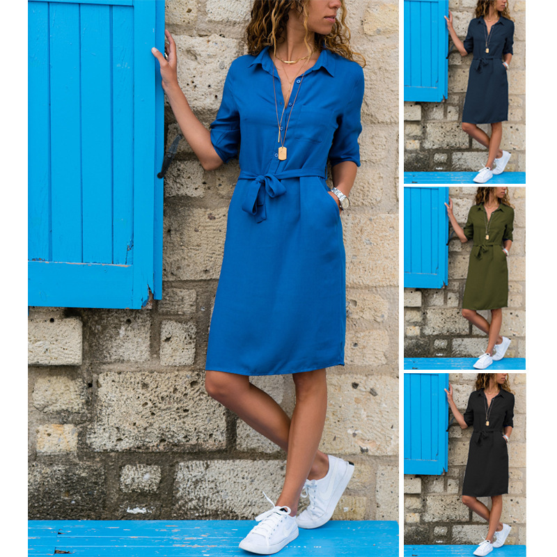 eBay AliExpress Autumn and Winter New Seven-point Sleeve Shirt Strap Dress