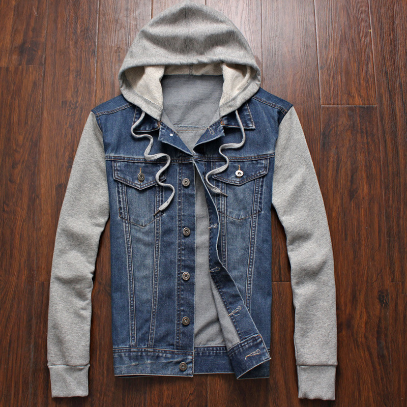 Men's autumn and winter New coat Korean-style slim-fit fake two-piece Denim jacket hooded student short fashion spring