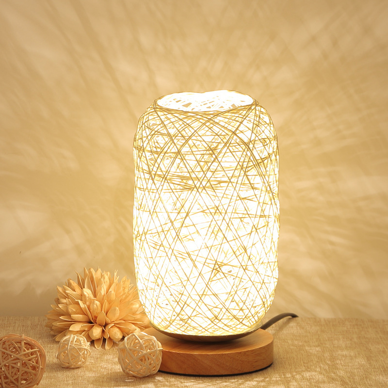 Bedroom bedside personalized decoration creative dimmable LED night light wooden hemp rope rattan ball table lamp small hemp ball table lamp