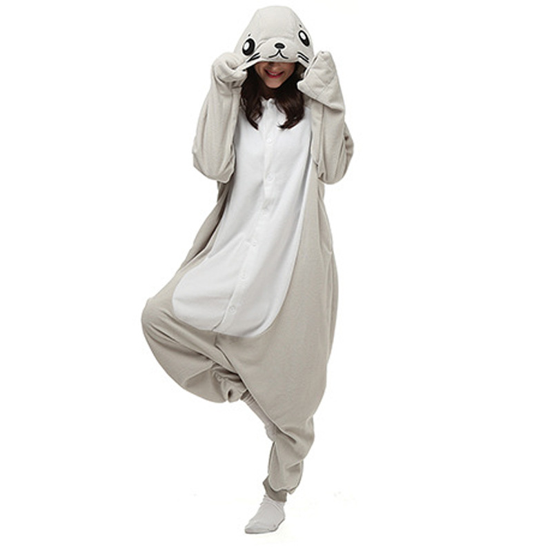 Gray Seal león marino de dibujos animados de animales de una pieza pijama polar de manga larga pareja pijamas de hombres y mujeres de comercio exterior ropa para el hogar