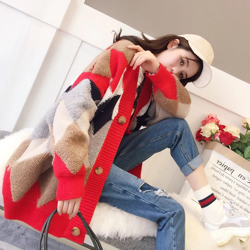 Autumn and Winter mid-length women's diamond loose towel embroidered contrast color knitted sweater comfortable casual cardigan coat lazy style